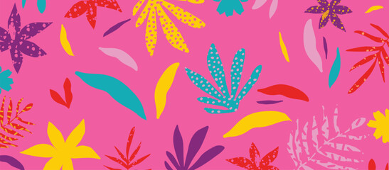Abstract modern tropical pattern with bright leaves, vibrant flowers and exotic plants. Summer botanical background with colorful cutout shapes vector illustration