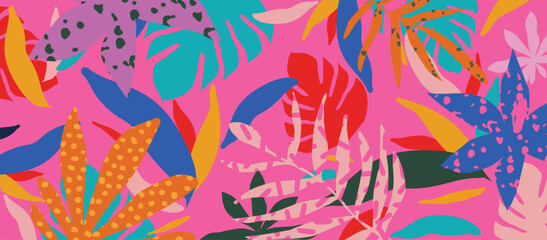Abstract modern tropical pattern with bright leaves, vibrant flowers and exotic plants. Summer botanical background with colorful cutout shapes vector illustration