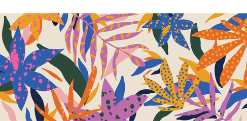 Colorful abstract botanical shapes seamless background pattern. Random cutouts of tropical leaves, exotic flowers and plants. Modern decor art vector illustration.  Cute wallpaper design