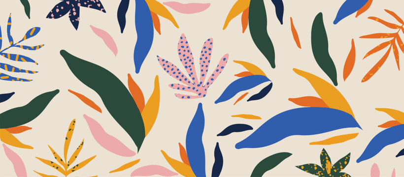 Colorful abstract botanical shapes seamless background pattern. Random cutouts of tropical leaves, exotic flowers and plants. Modern decor art vector illustration.  Cute wallpaper design