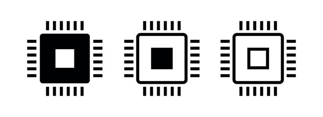 Chip icons set. Microchip or integrated circuit (IC) pictogram. Symbol of technology, computer and processor or electronic circuit.