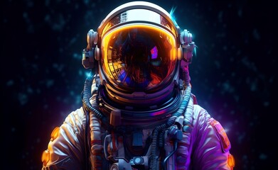 Astronaut on colorfull bright surface with space background. Astronaut walk on the moon wear cosmosuit. Future concept. Generative AI.
