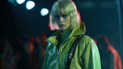 Fototapeta premium Fierce Fashionista Strutting on Runway Under Shamrock Green Lights. Generative AI.