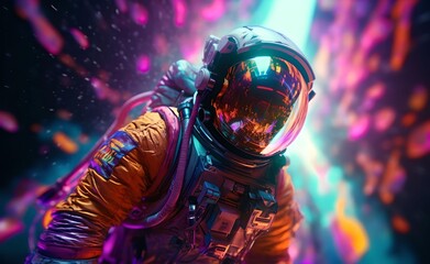 Astronaut on colorfull bright surface with space background. Astronaut walk on the moon wear cosmosuit. Future concept. Generative AI. © Curioso.Photography