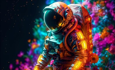 Astronaut on colorfull bright surface with space background. Astronaut walk on the moon wear cosmosuit. Future concept. Generative AI.
