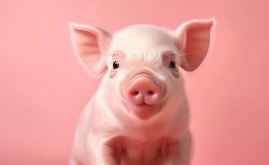 Cheerful smiling pig. Isolated on a pink background. Generative AI.