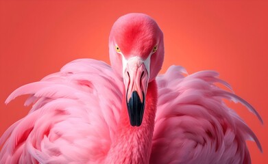 Pink flamingo against pink background. Generative AI.