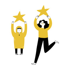 Unhappy people holding two gold star giving negative feedback and bad review, not supporting product or service vector illustration