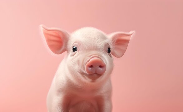 Cheerful smiling pig. Isolated on a pink background. Generative AI.