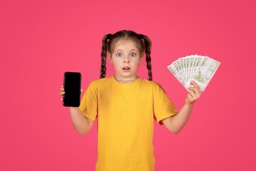 Online Offer. Shocked Preteen Female Child Holding Blank Smartphone And Euro Cash Money