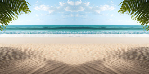 Tropical beach with sand and palm leaf. 3d rendering