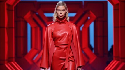 Naklejka premium Fierce Fashionista Strutting on Runway Under Shamrock Green Lights. Generative AI.