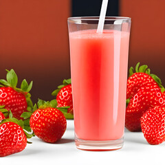 Strawberry juice in a glass with fresh strawberries on a white background