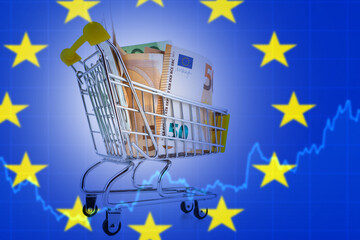 Economic European union. Euros in supermarket trolley. Financial chart. Concept of inflation in Europe. Rising prices in European alliance. Increased purchasing power in EU. Economic crisis. 3d image - Powered by Adobe