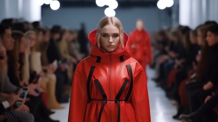 Fierce Fashionista Strutting on Runway Under Shamrock Green Lights. Generative AI.