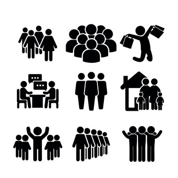 set of icons with people in a team, work, home, office, leadership, negotiation, interview, shopping, business. Vector image of EPS 10
