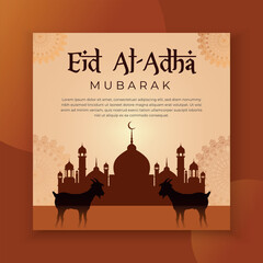 Eid al Adha Mubarak Islamic festival social media banner and Happy Eid Al Adha Mubarak with
mosques, lights, and moon Post Template
