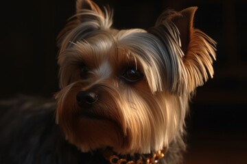 Portrait of a dog of the Yorkshire Terrier breed close-up, generative ai