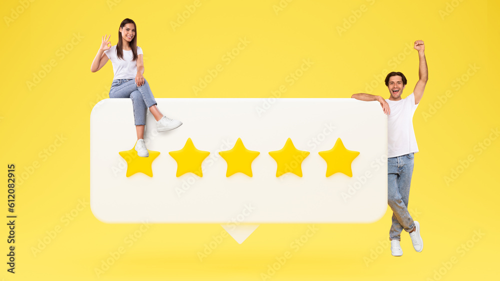 Poster couple posing with five stars rating icon over yellow background