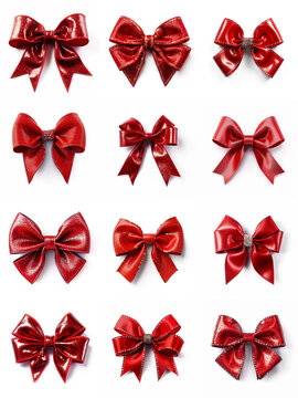 Collection of glitter red satin silk ribbon tied Christmas bows illustration. A.I. generated.