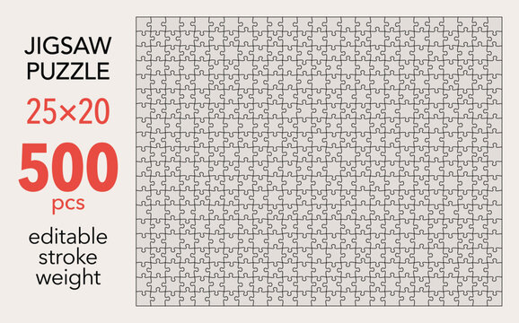 Empty jigsaw puzzle grid template, 25x20 shapes, 500 pieces. Separate matching puzzle elements. Flat vector illustration layout, every piece is a single shape.