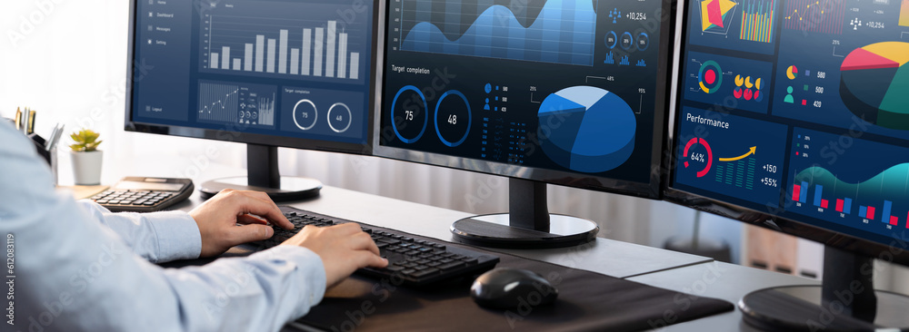 Poster analyst working on data analysis or bi dashboard on computer monitor. businessman analyzing financia