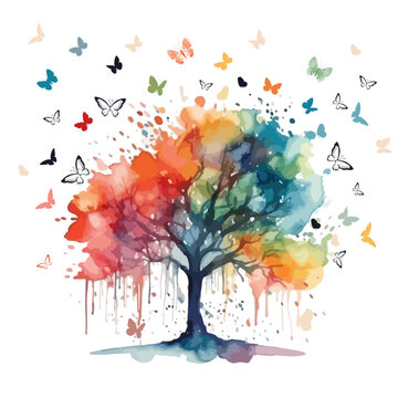 rainbow tree with butterflies. Vector illustration