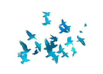 A flock of blue watercolor flying birds. Free birds abstraction Vector illustration