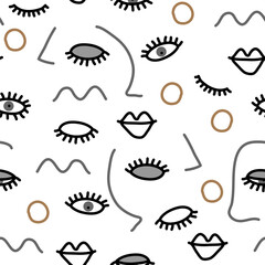 Cartoon seamless pattern with opened, closed eyes and lips in simple hand drawn style. Funny isolated doodles. Abstract hand drawn shapes, ink textures. Creative fashion fabric.