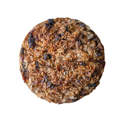 Top view of a fruit cake isolated on white