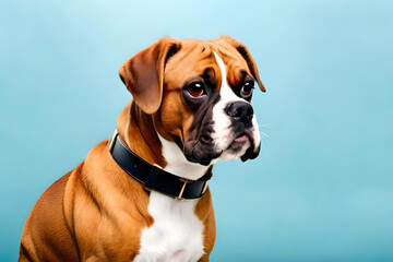 Boxer dog on baby blue background