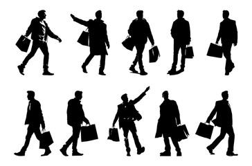 man happy carrying shopping bag silhouette set