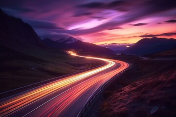 Journey through a Blurry Mountain Road, Bold Colors, Dynamic Lines, Generative AI