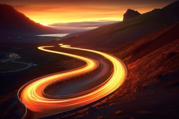 Journey through a Blurry Mountain Road, Bold Colors, Dynamic Lines, Generative AI