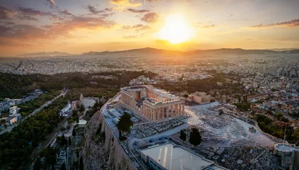 Fotobehang Aerial closeup view of the Parthenon Temple at the Acropolis of Athens, Greece, during summer sunset time © moofushi
