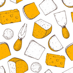 Cheese seamless pattern. Hand drawn vector illustration. Vintage food background. Engraved style. Different cheese kinds background.