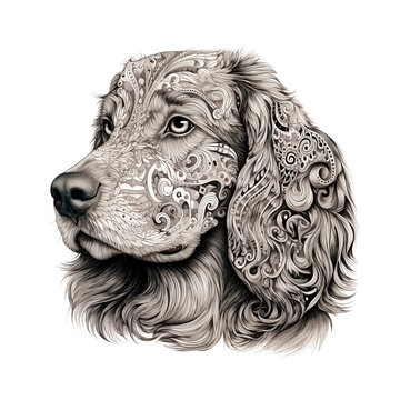 Golden retriever pen and ink style drawing Sepia toned zentangle style. Beautiful animal head isolated on white background. Generative AI.