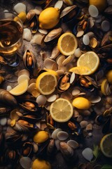 Fototapeta na wymiar A bunch of clams and lemons on a table. Generative AI image.