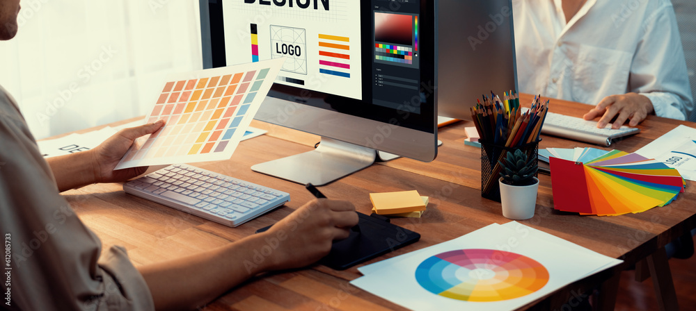 Poster Graphic designer work on computer laptop and with graphic drawing pen while brainstorming unique design with professional graphic team in modern digital studio workplace. Panorama shot. Scrutinize
