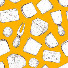 Cheese seamless pattern. Hand drawn vector illustration. Vintage food background. Engraved style. Different cheese kinds background.