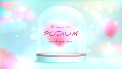 Realistic podium with empty protection cover. Acrylic exhibition display case with glass dome on glitter, abstract blur or shine pastel gradient background. Platform of cylinder shape for presentation © redgreystock