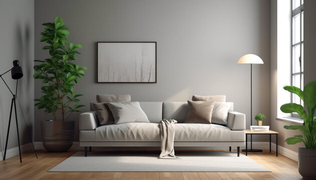 Interior of Living Room modern style with a grey fabric sofa, Wooden side table, and white ceiling lamp on the wooden floor. Generative AI