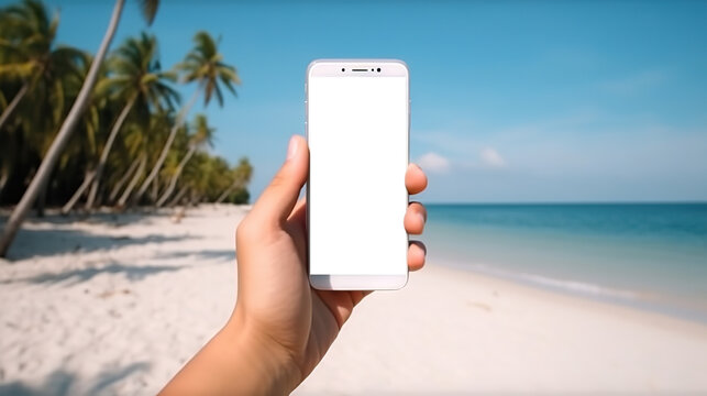 Hand holding mobile phone with cut out screen on summer beach resort background. Based on Generative AI