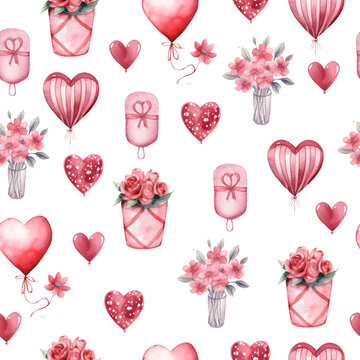 beautiful cute pink valentine seamless pattern with hearts bouquets of roses and gifts in a watercolor style .Generative AI