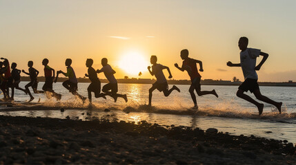 Fototapeta na wymiar silhouette, silhouettes of young teenager children running on the sandy beach in waves at the sea in the water