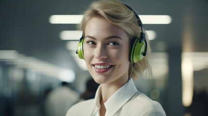 young adult caucasian woman with headset, work and job or leisure time at home