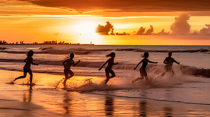 silhouette, silhouettes of young teenager children running on the sandy beach in waves at the sea in the water
