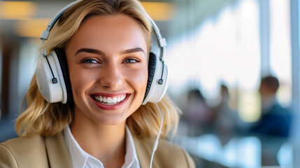 young adult caucasian woman with headset, work and job or leisure time at home