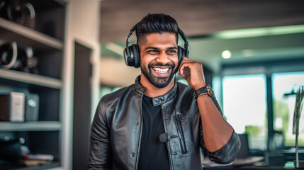 indian young adult man, home office or office, working, job and occupation, online or remote, headset, talking on the phone, call center or customer meeting
