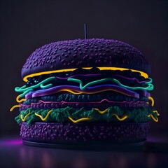 Neon burger close up on road, night neon city, AI generated